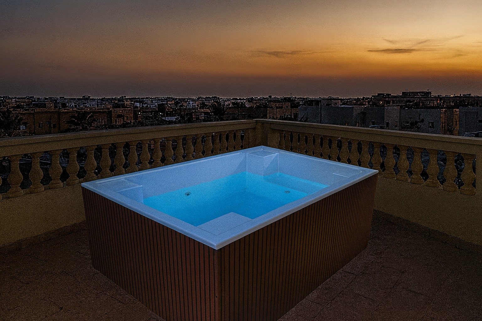 ChatGPT Image Oct 21, 2025, 01_56_26 PM Prefabricated GRP Plunge Pool in the balcony of a middle eastern city at the dusk.