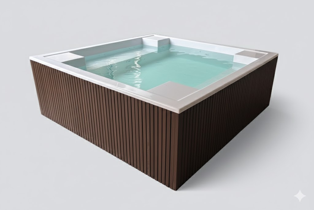 Prefabricated GRP Plunge Pool in the balcony of a middle eastern city at the dusk.